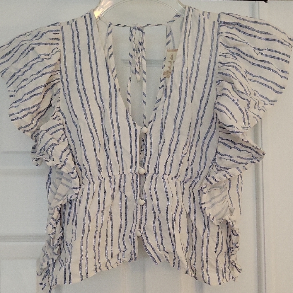 Altar'd State Blue and White Flutter Sleeve Tie Back Blouse